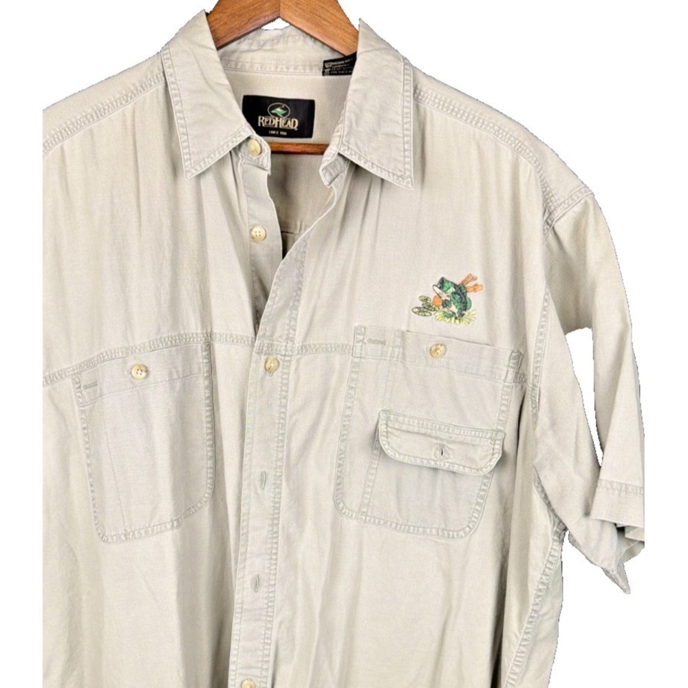RedHead Men XLT Fishing Shirt Embroidered Bass Cotton Utility Casual Khaki Flaw